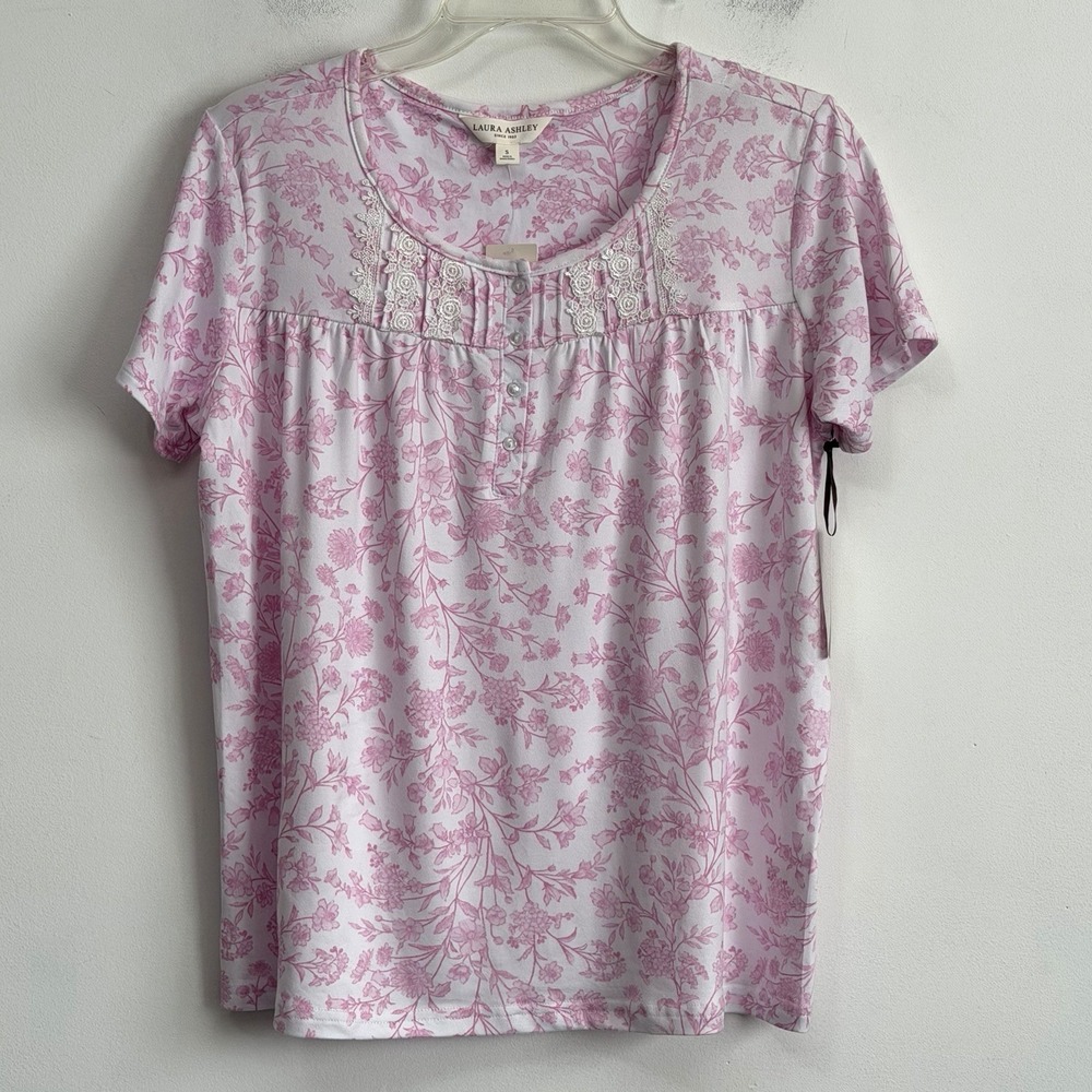 Laura Ashley Sleep Pajama Tee Shirt S Pink Toile Short Sleeve SOFT Feminine NEW